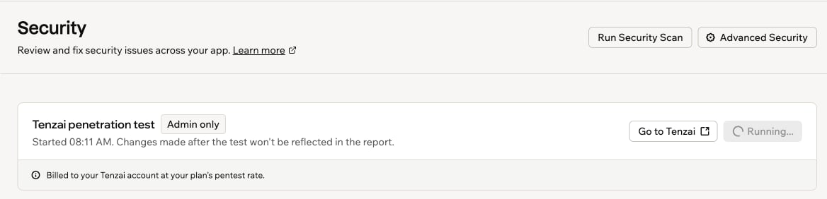 A screenshot of the Tenzai penetration test card showing when the test started and a Running status