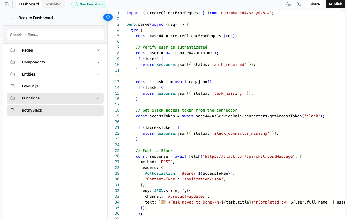 Code editor showing a Base44 backend function that posts a message to the #product-updates Slack channel.
