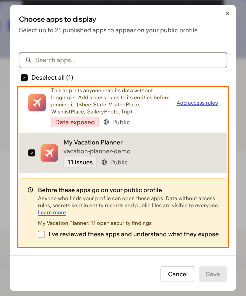 Ein Base44 Profil mit angezeigten App-Karten.
