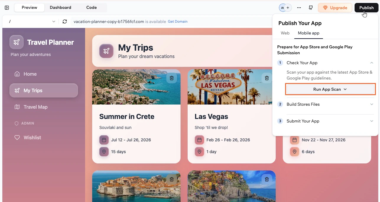 Running an app scan from the Mobile app tab The Mobile app tab with Check Your App expanded and a Run App Scan drop-down button