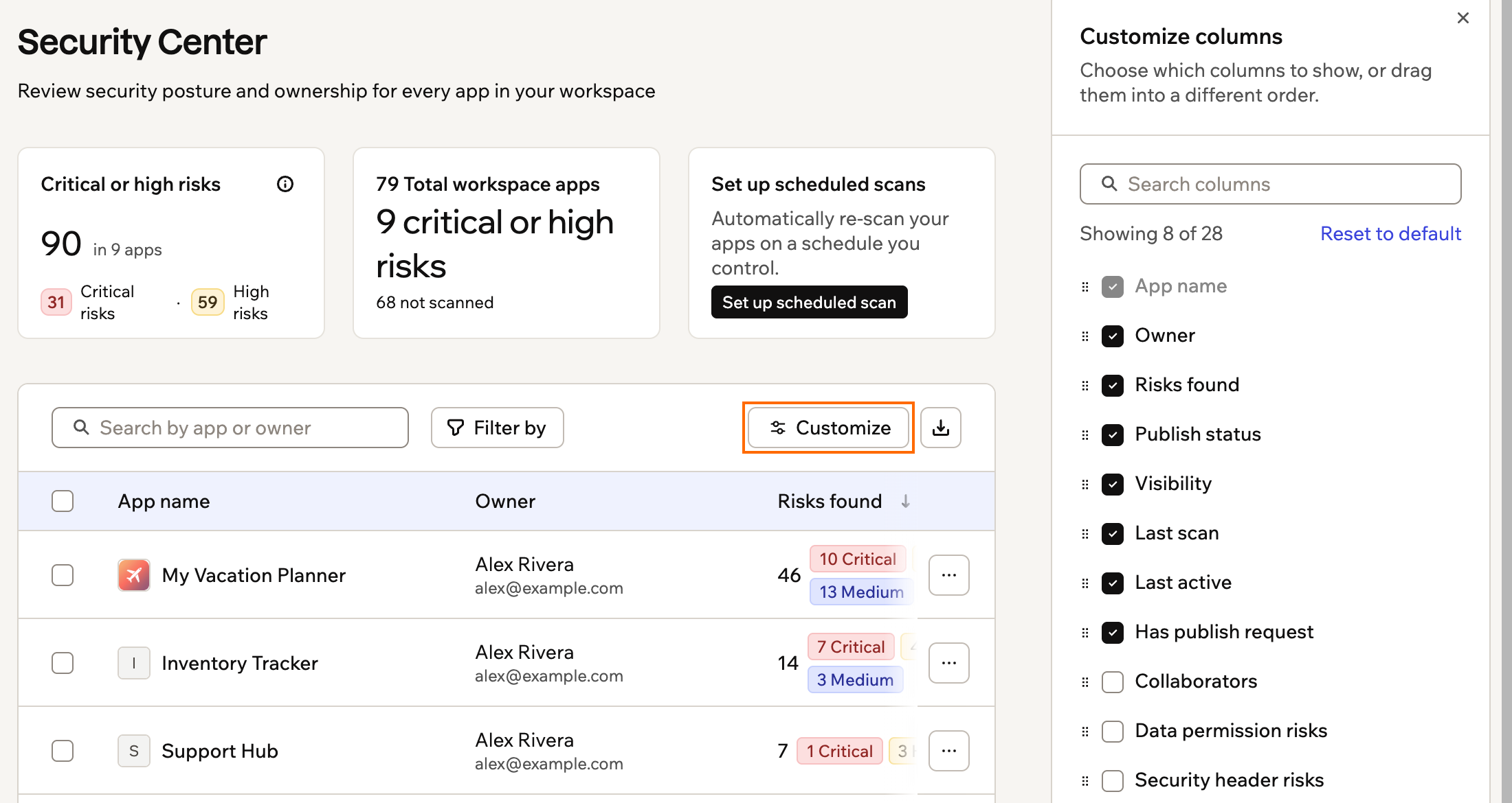 A screenshot of the Customize columns panel open beside the app inventory, with the Customize button outlined