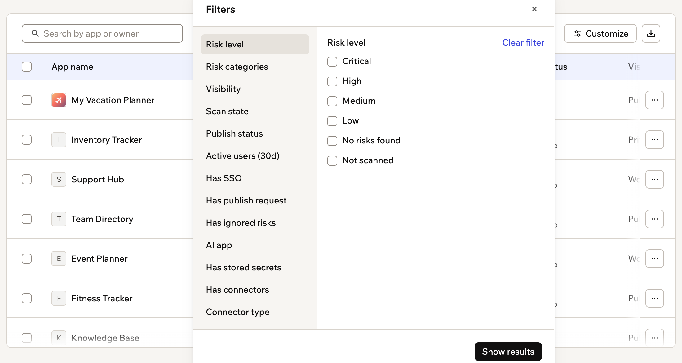 A screenshot of the Filters panel open over the app inventory, with Risk level selected and its options listed