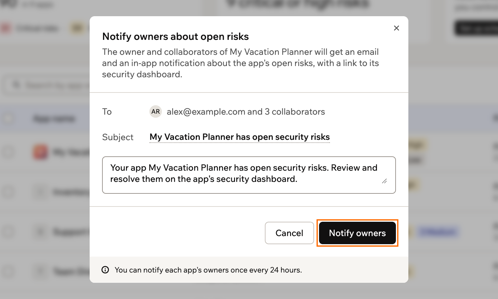A screenshot of the notify dialog with an editable subject and message, and the Notify owners button outlined