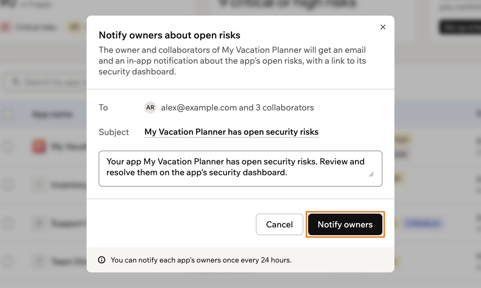 A screenshot of the notify dialog with an editable subject and message, and the Notify owners button outlined