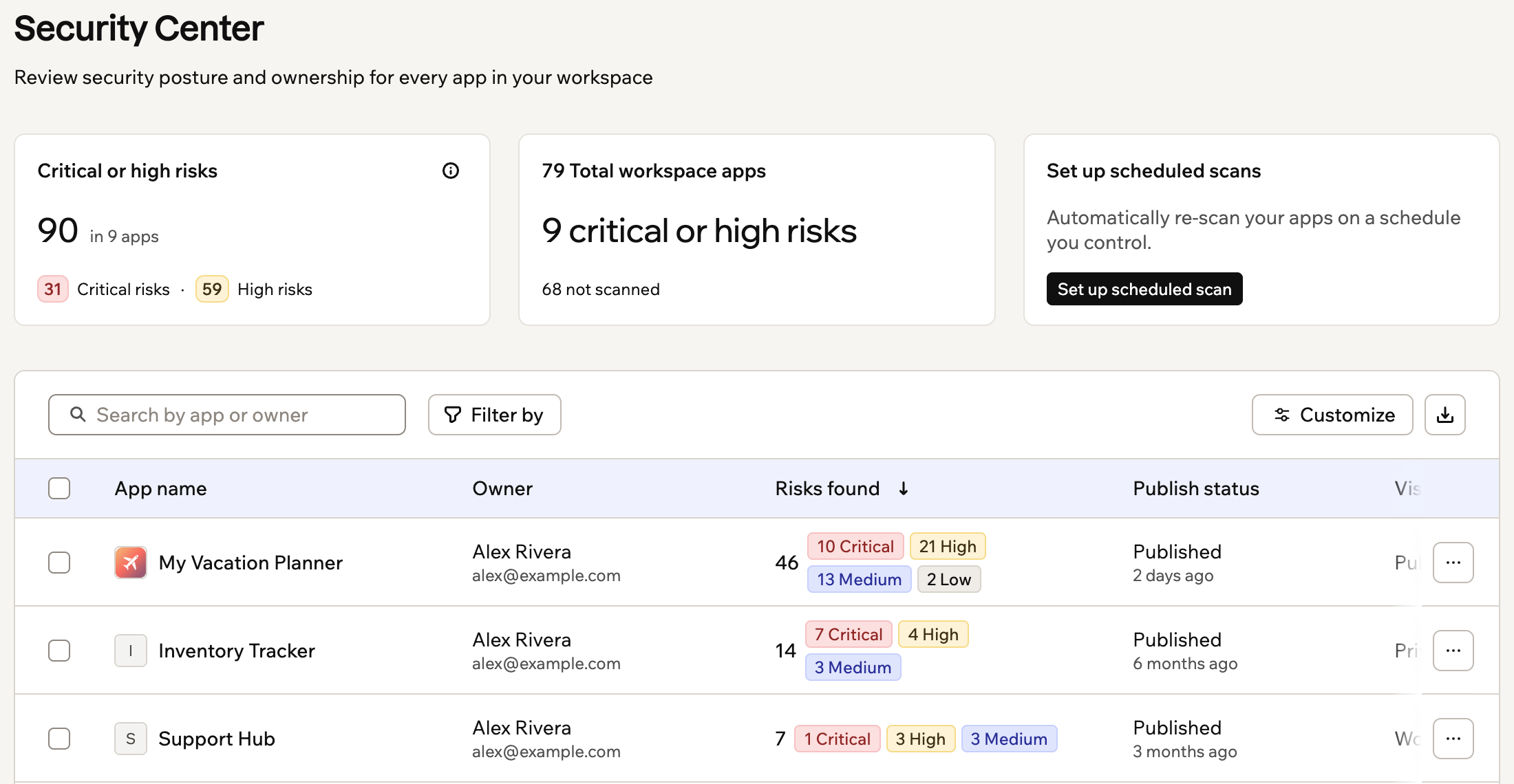 A screenshot of the security center with risk summary cards above the workspace app inventory