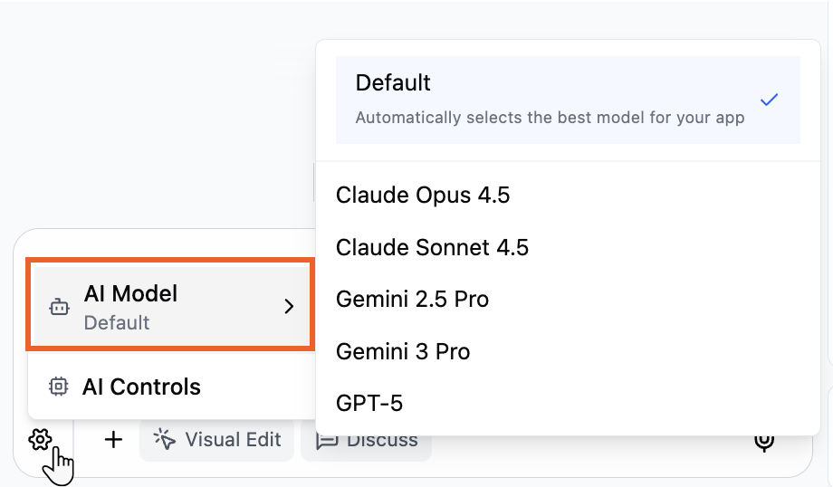 Choosing an AI model in the Base44 AI chat settings Choosing an AI model in the Base44 AI chat settings