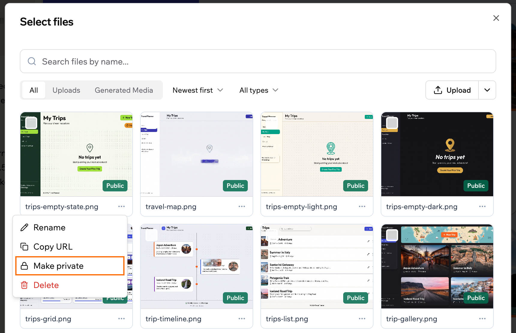 The file library with a file's More actions menu open and Make private outlined