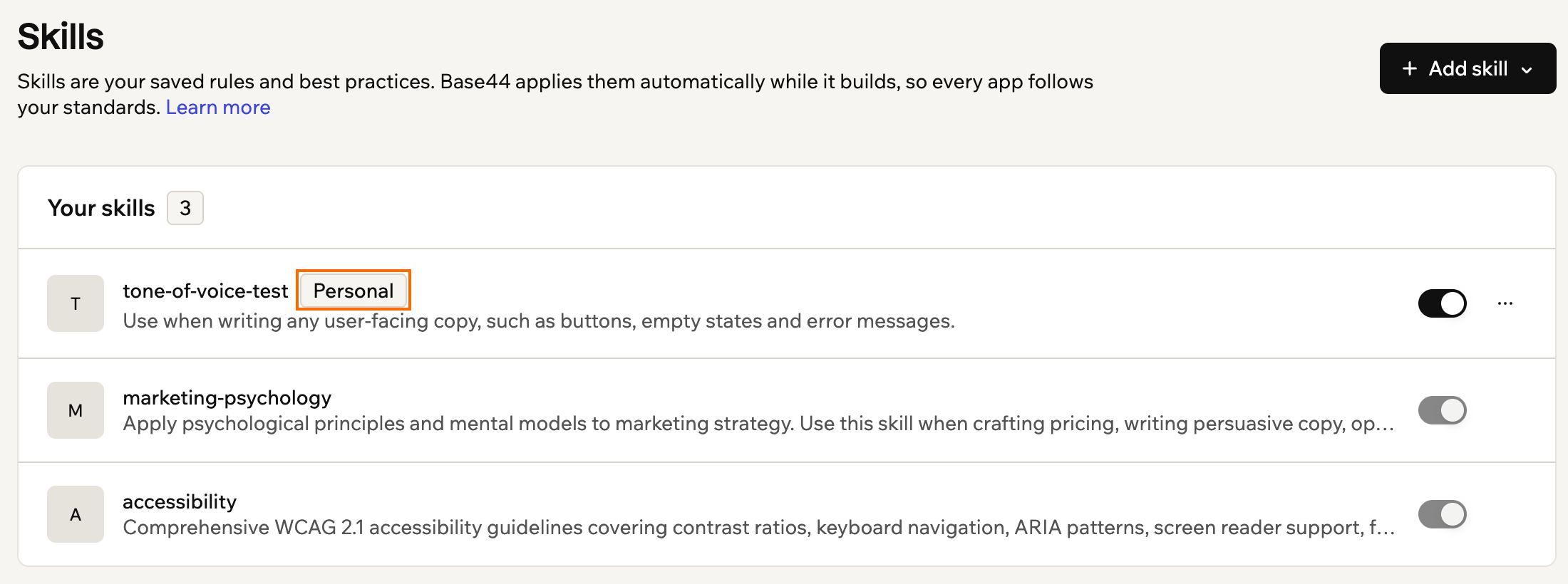 The Your skills list with a personal skill and its Personal badge outlined