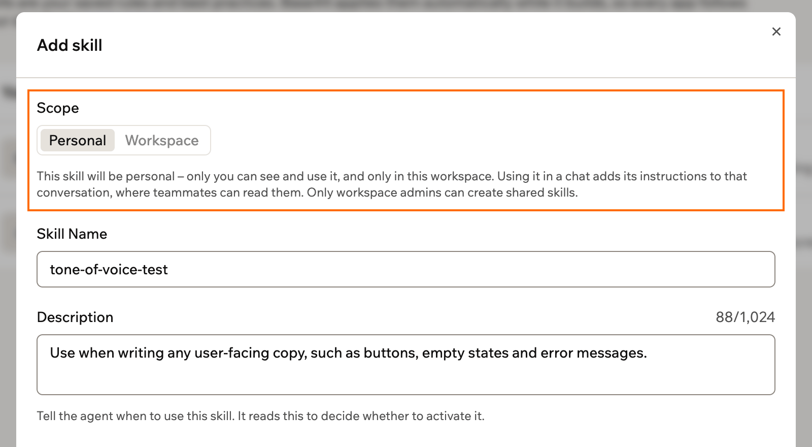 The Add skill window with the Scope field outlined and Personal selected