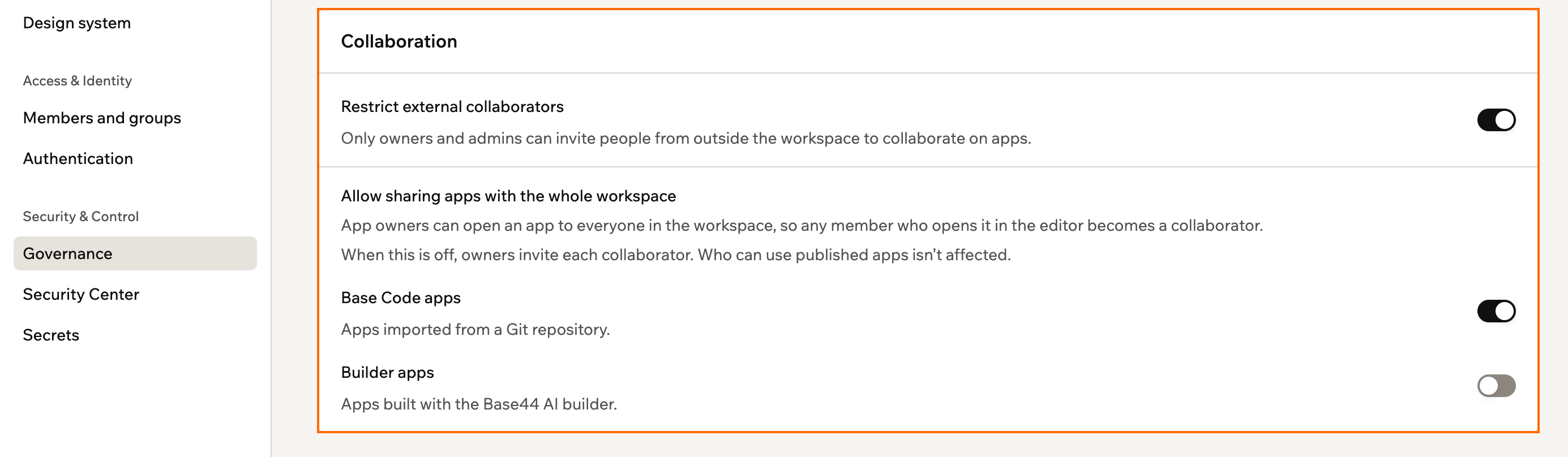 A screenshot of workspace Governance settings with the Collaboration card outlined, showing its sharing toggles