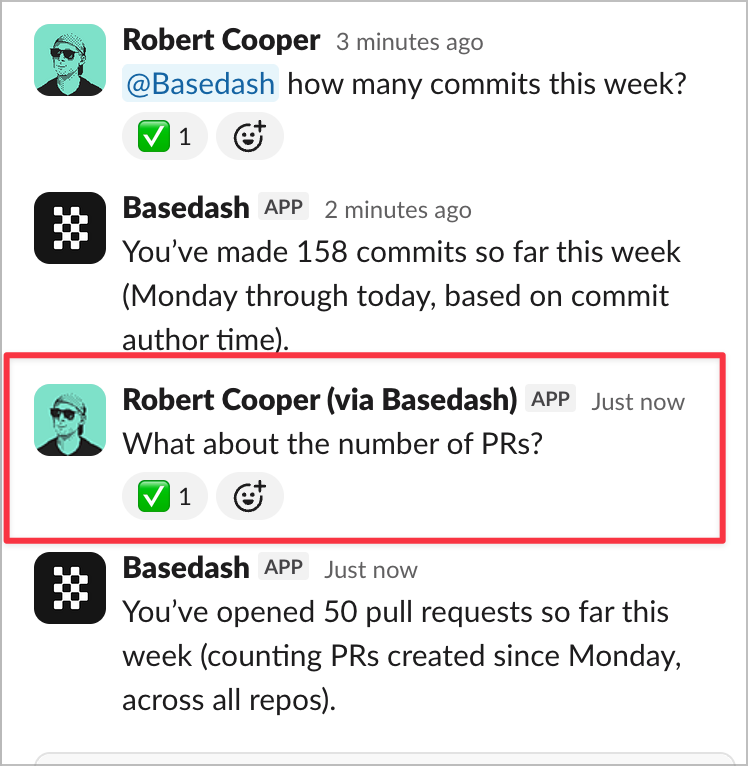Slack and Basedash two-way synced chat messages