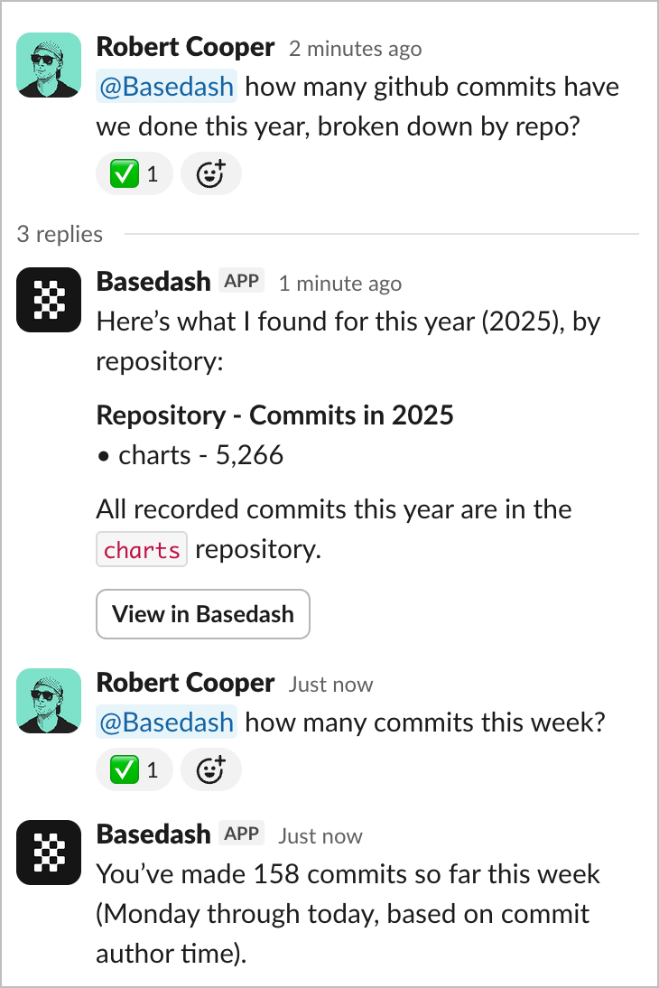 Basedash answering a data question in Slack chat