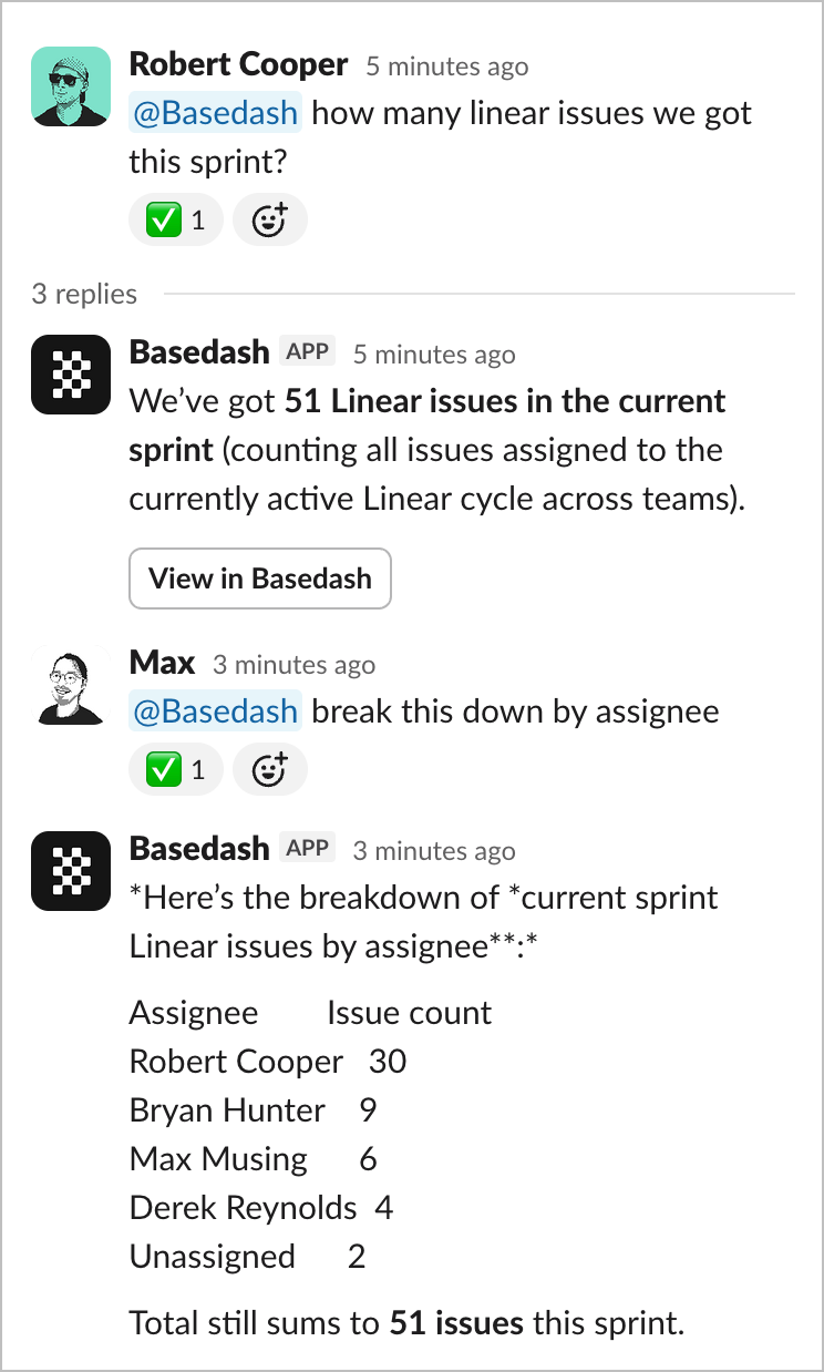 Slack thread with Basedash agent