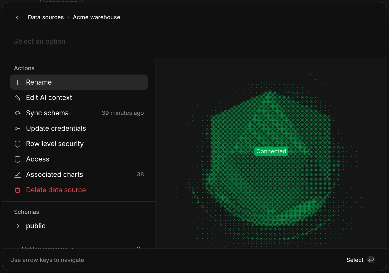 The command menu open on the Acme warehouse data source, listing Rename, Edit AI context, Sync schema, Update credentials, Row level security, Access, Associated charts, and Delete data source, with its schemas below