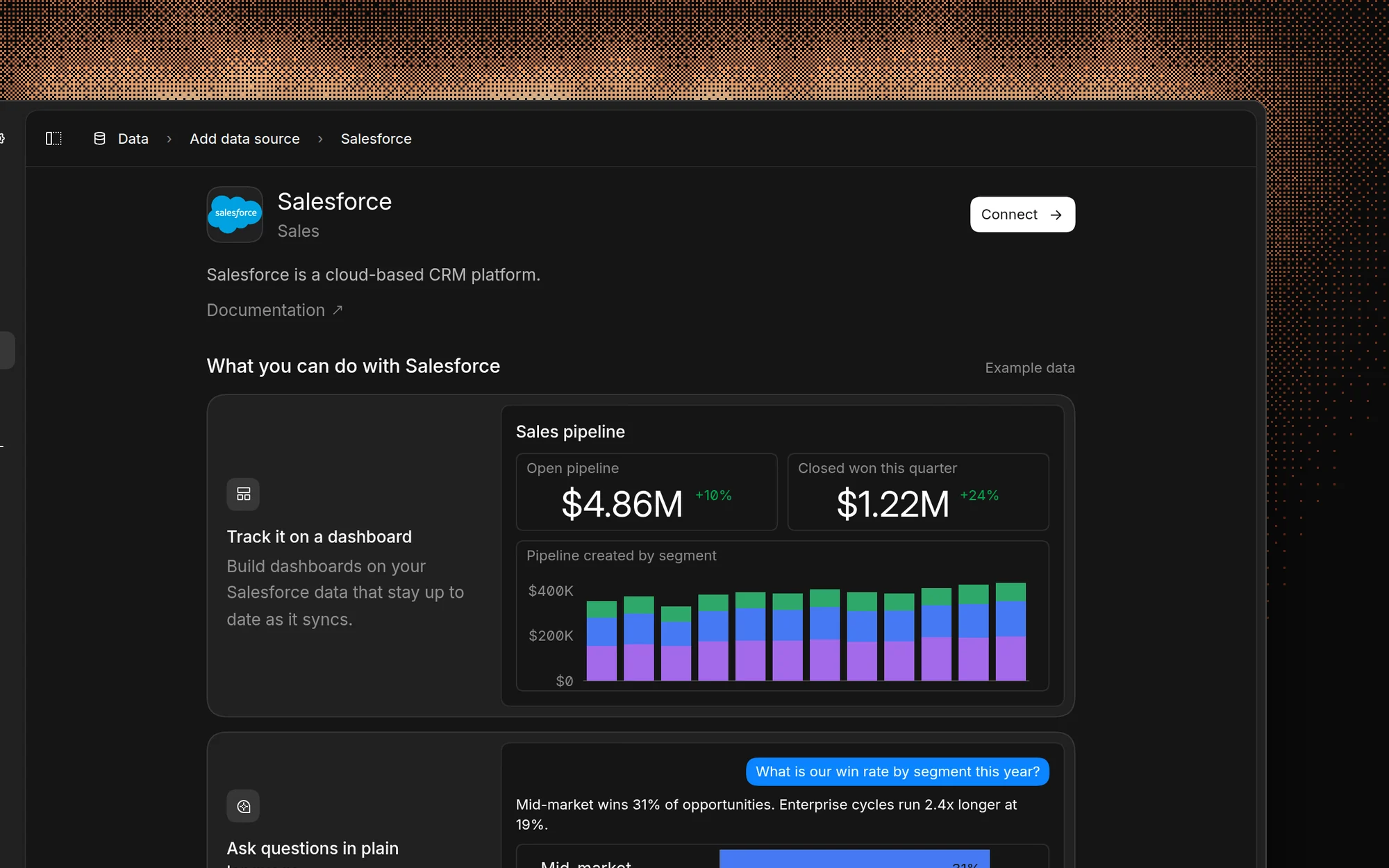 The Salesforce connector page in Basedash with a Connect button, a short description, and examples of what you can do with Salesforce data, such as a sales pipeline dashboard and questions in chat
