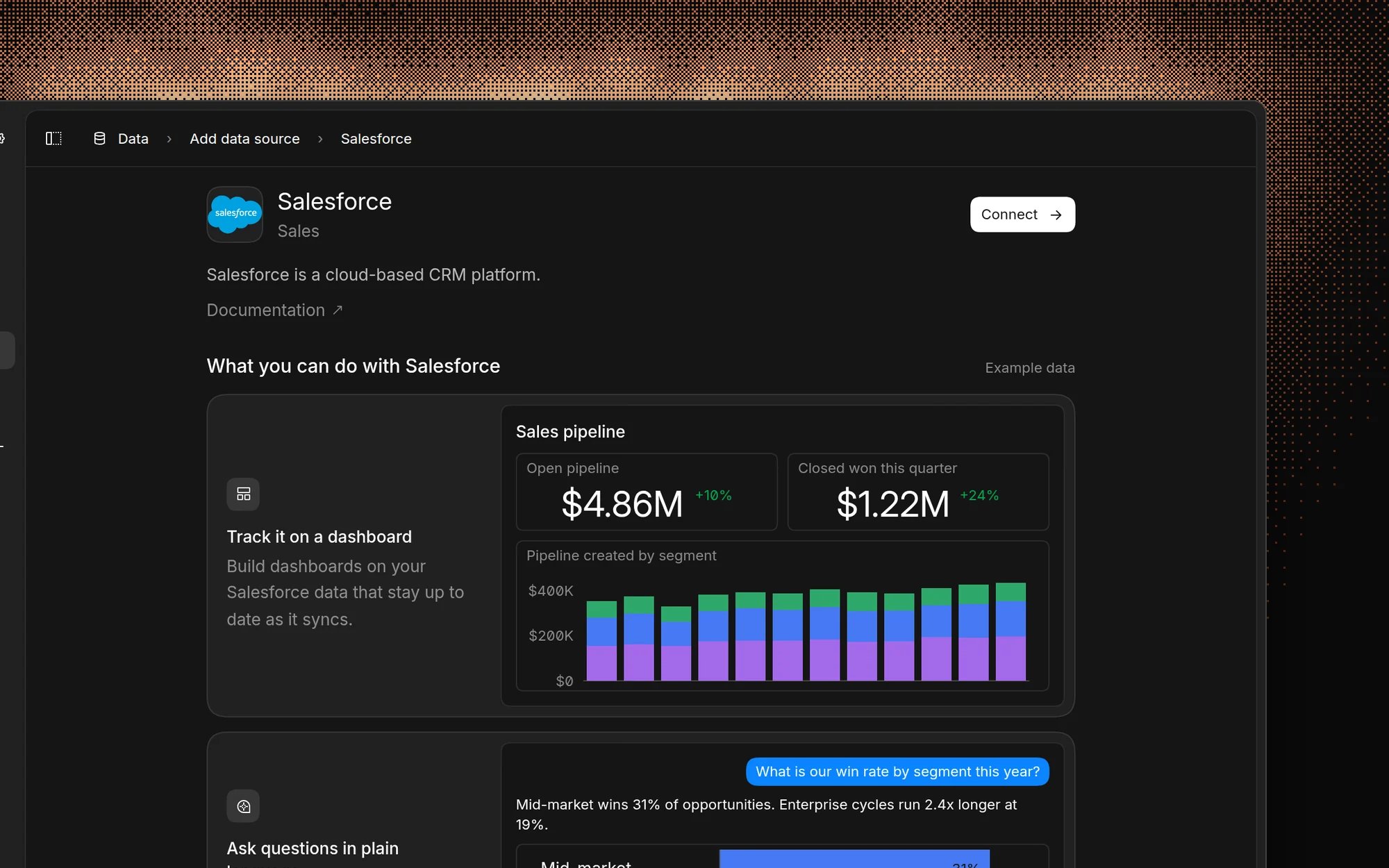 The Salesforce connector page in Basedash with a Connect button, a short description, and examples of what you can do with Salesforce data, such as a sales pipeline dashboard and questions in chat
