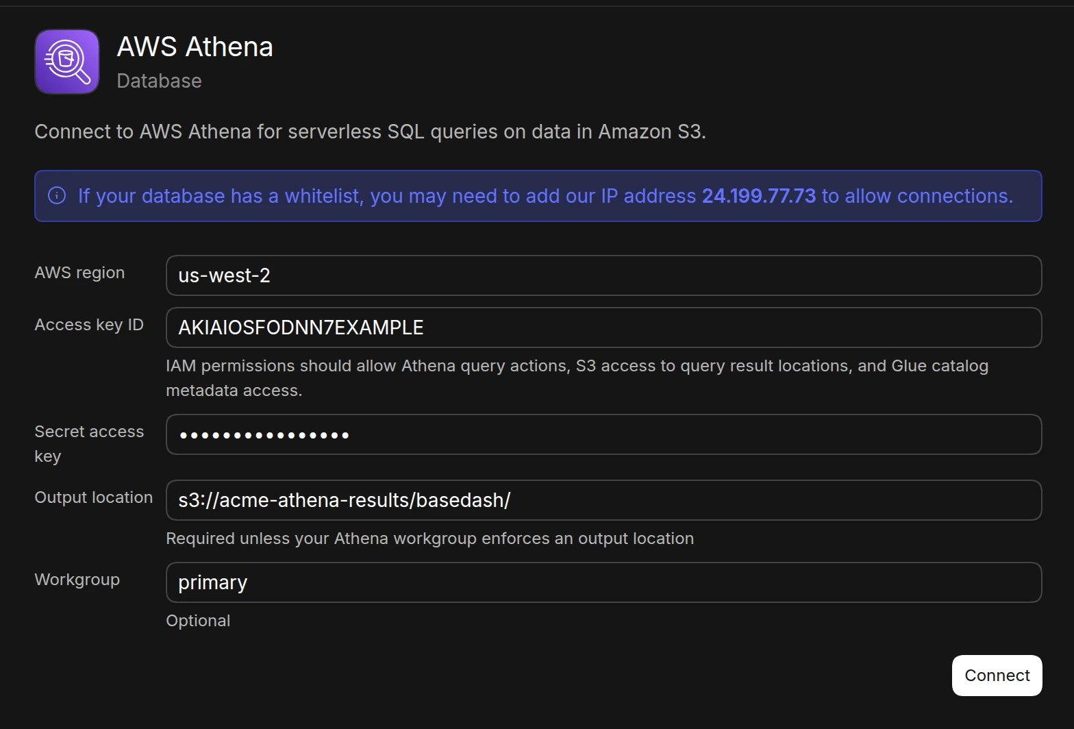 The AWS Athena connection form in Basedash with AWS region, access key ID, secret access key, S3 output location, and workgroup filled in