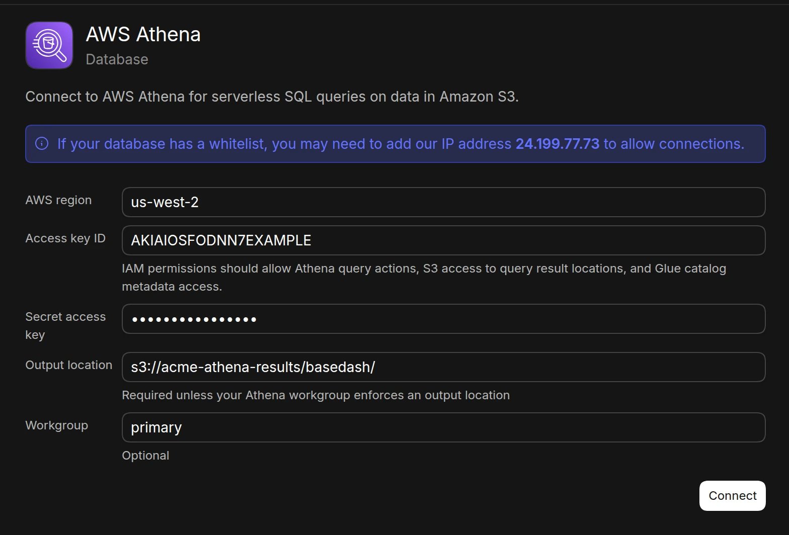 The AWS Athena connection form in Basedash with AWS region, access key ID, secret access key, S3 output location, and workgroup filled in