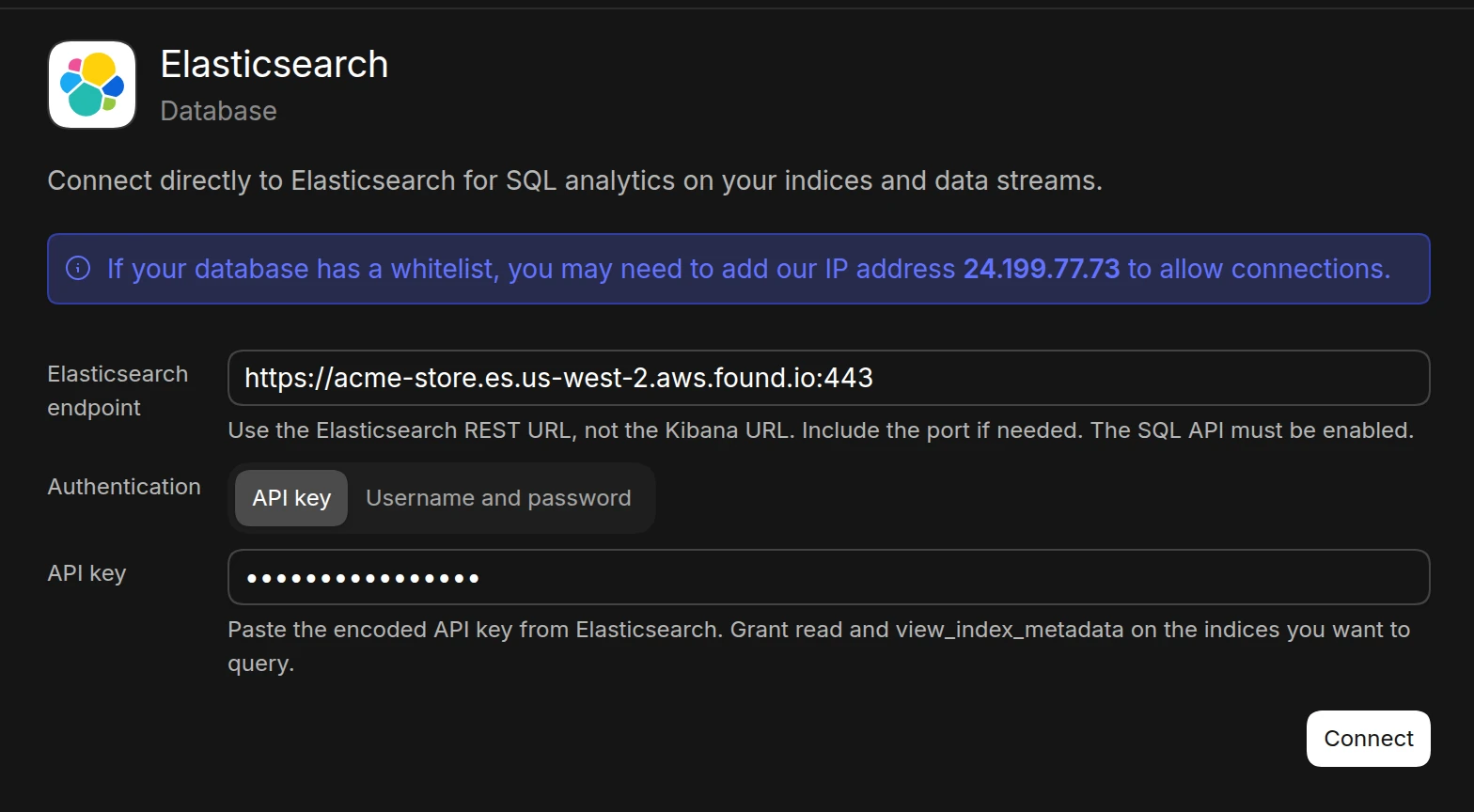 The Elasticsearch connection form in Basedash with an Elasticsearch endpoint filled in and API key selected as the authentication method