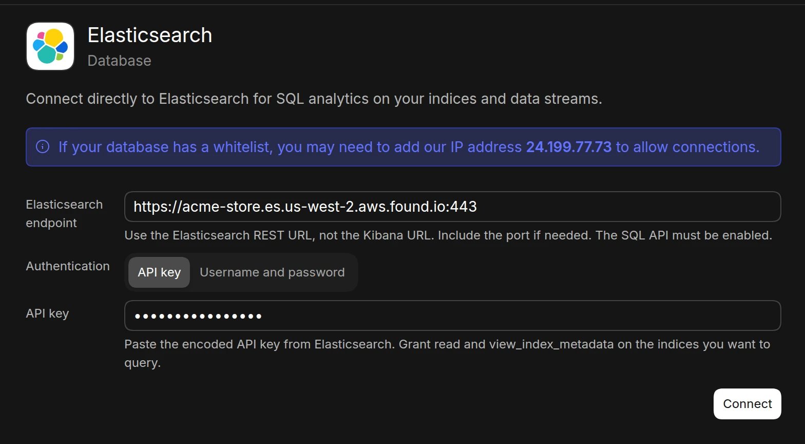 The Elasticsearch connection form in Basedash with an Elasticsearch endpoint filled in and API key selected as the authentication method