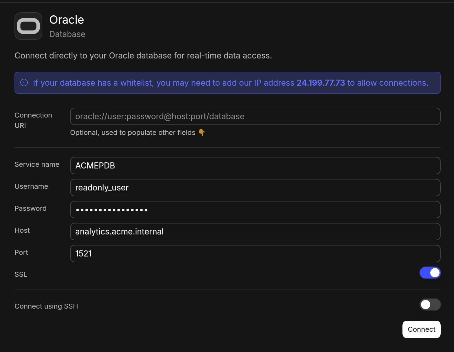 The Oracle connection form in Basedash with service name, username, password, host, and port 1521 filled in, SSL turned on, and Connect using SSH turned off