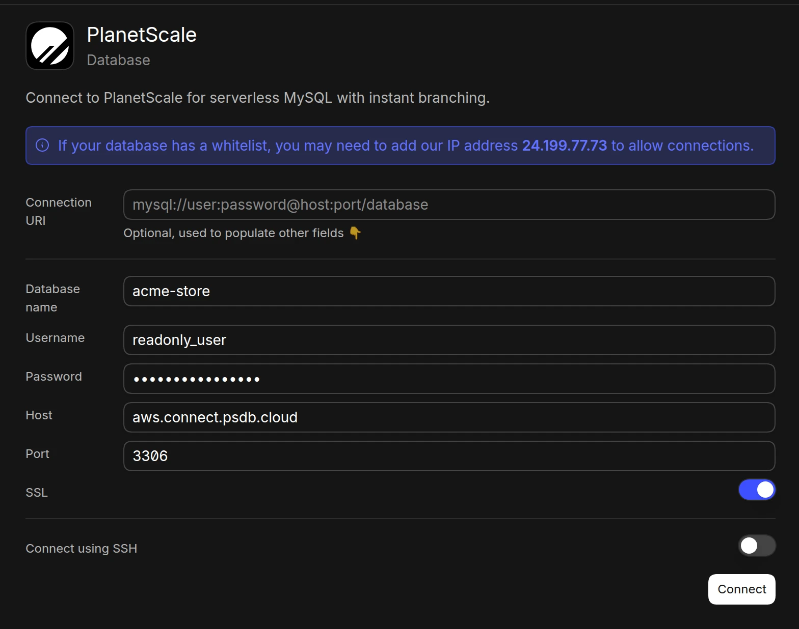 The PlanetScale connection form in Basedash with database name, username, password, host aws.connect.psdb.cloud, and port 3306 filled in