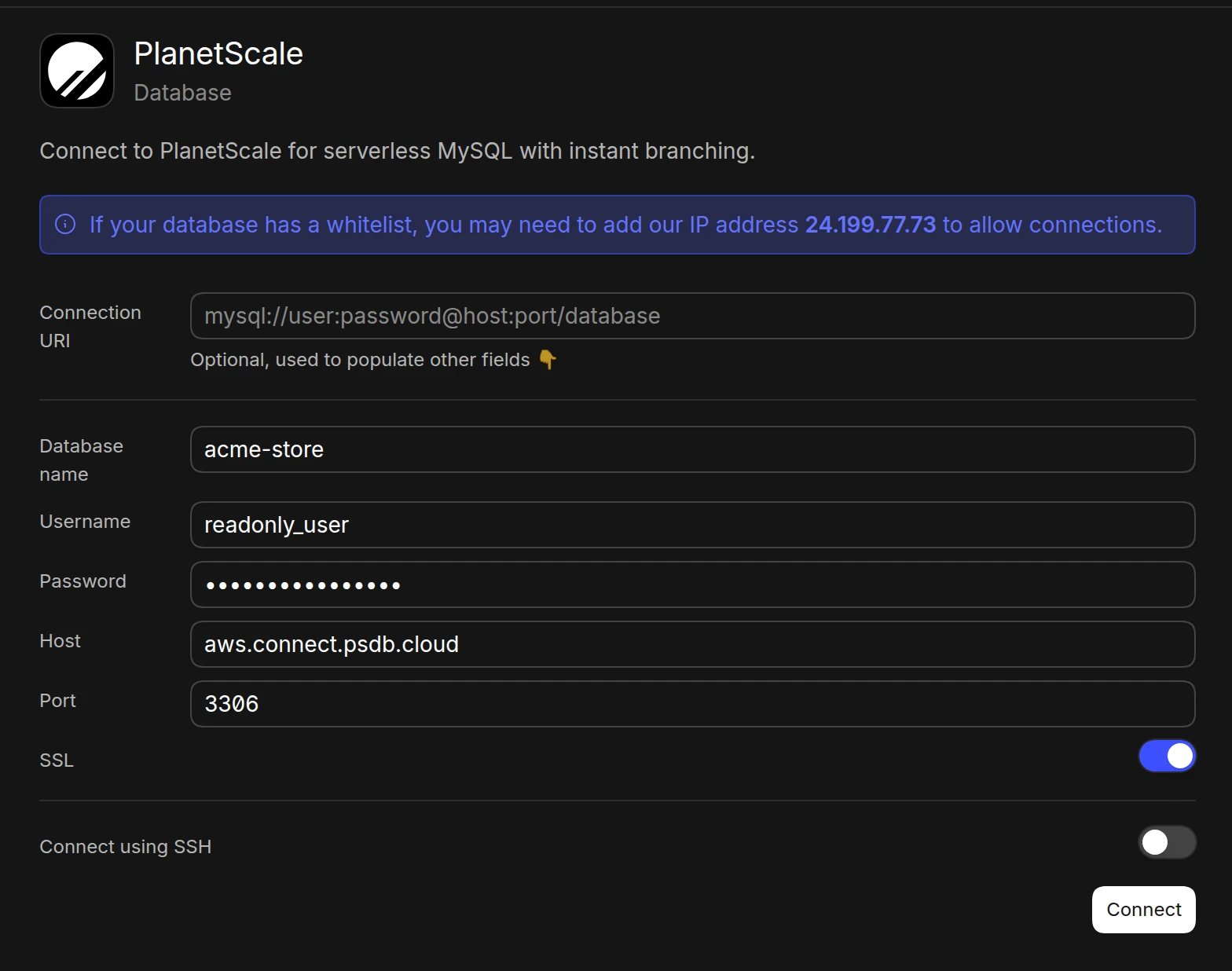 The PlanetScale connection form in Basedash with database name, username, password, host aws.connect.psdb.cloud, and port 3306 filled in