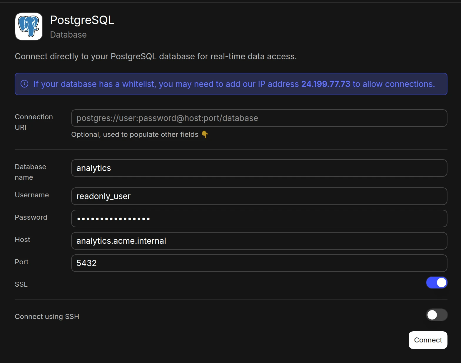 The PostgreSQL connection form in Basedash with the IP allowlist notice, an optional connection URI, database name, username, password, host, and port filled in, SSL turned on, and Connect using SSH turned off