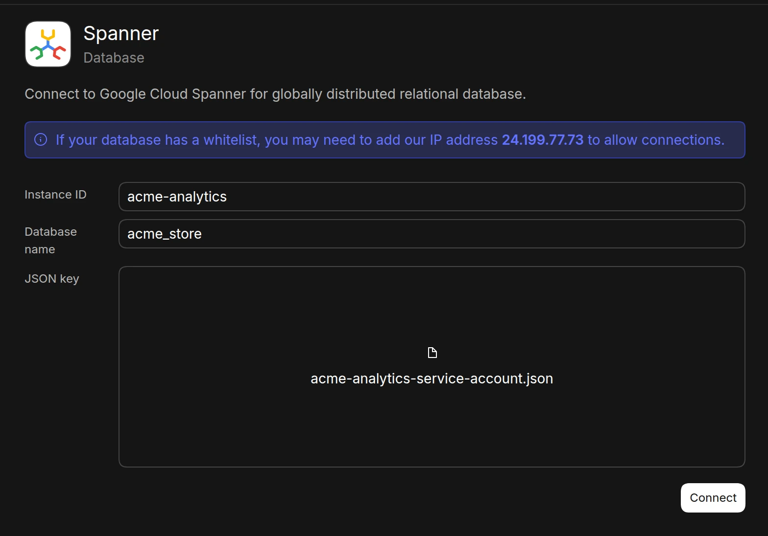 The Spanner connection form in Basedash with an instance ID and database name filled in and a service account JSON key uploaded