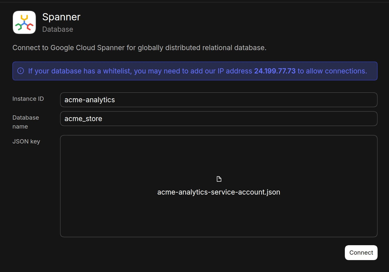The Spanner connection form in Basedash with an instance ID and database name filled in and a service account JSON key uploaded