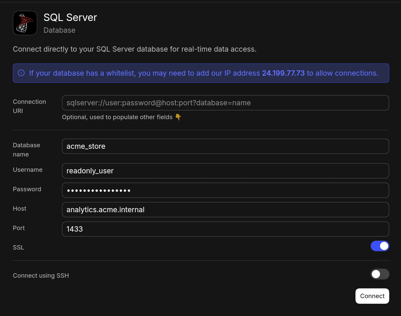 The SQL Server connection form in Basedash with database name, username, password, host, and port 1433 filled in, SSL turned on, and Connect using SSH turned off