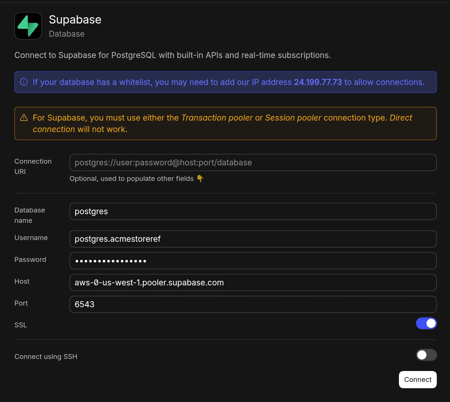 The Supabase connection form in Basedash filled in with Transaction pooler details (pooler host, port 6543) and SSL turned on