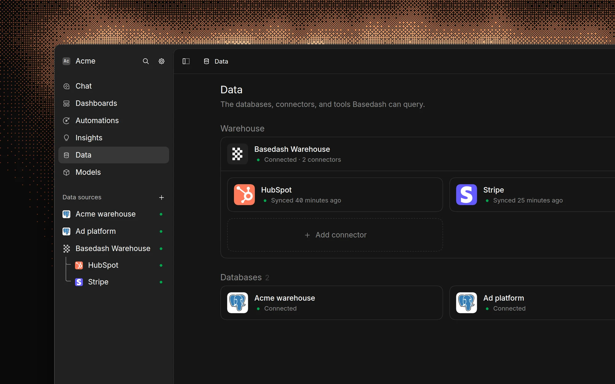 The Data page in Basedash with Basedash Warehouse and its HubSpot and Stripe connectors under Warehouse, and the Acme warehouse and Ad platform databases below