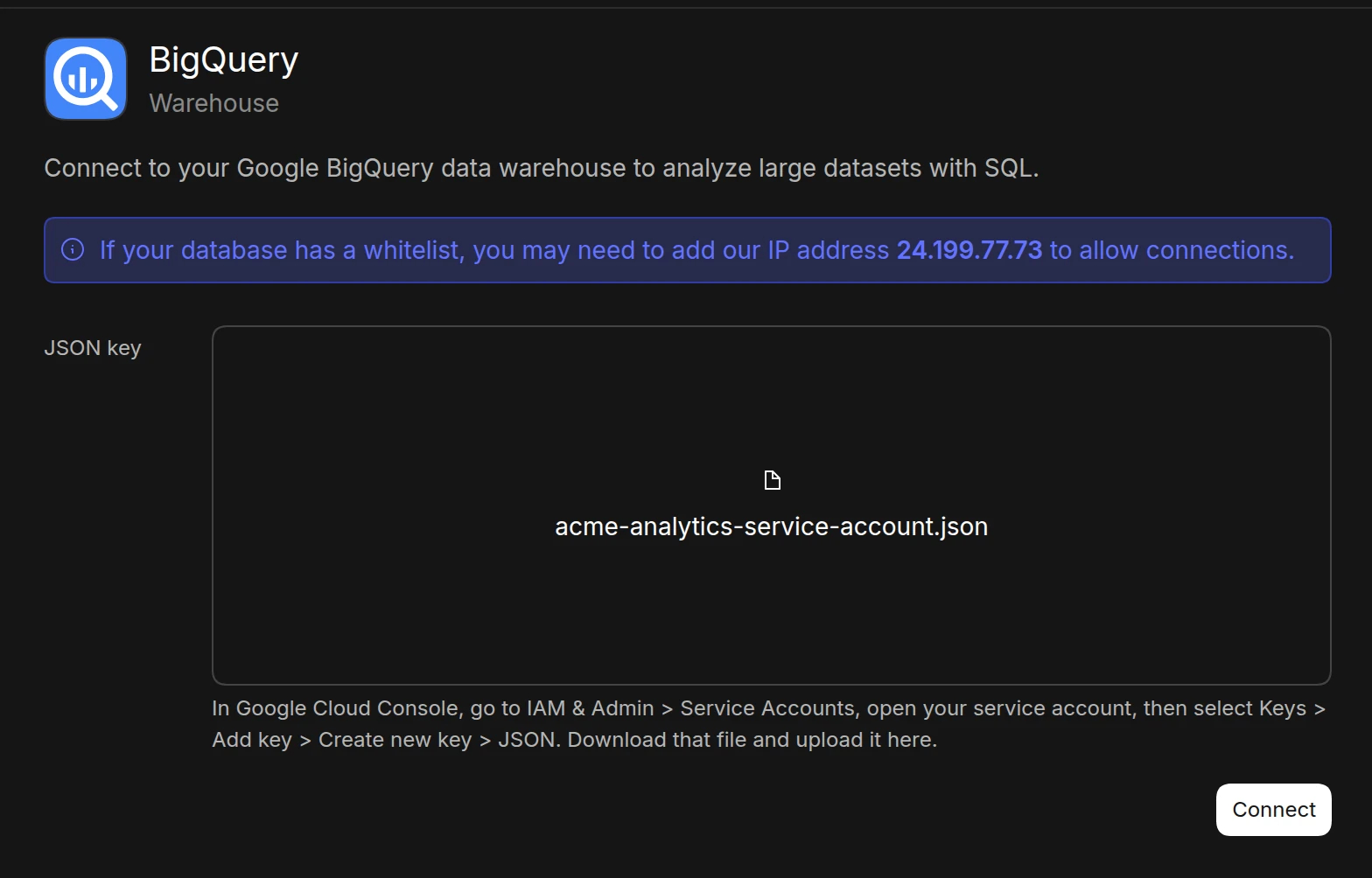 The BigQuery connection form in Basedash with a service account JSON key uploaded and instructions for creating the key in Google Cloud Console