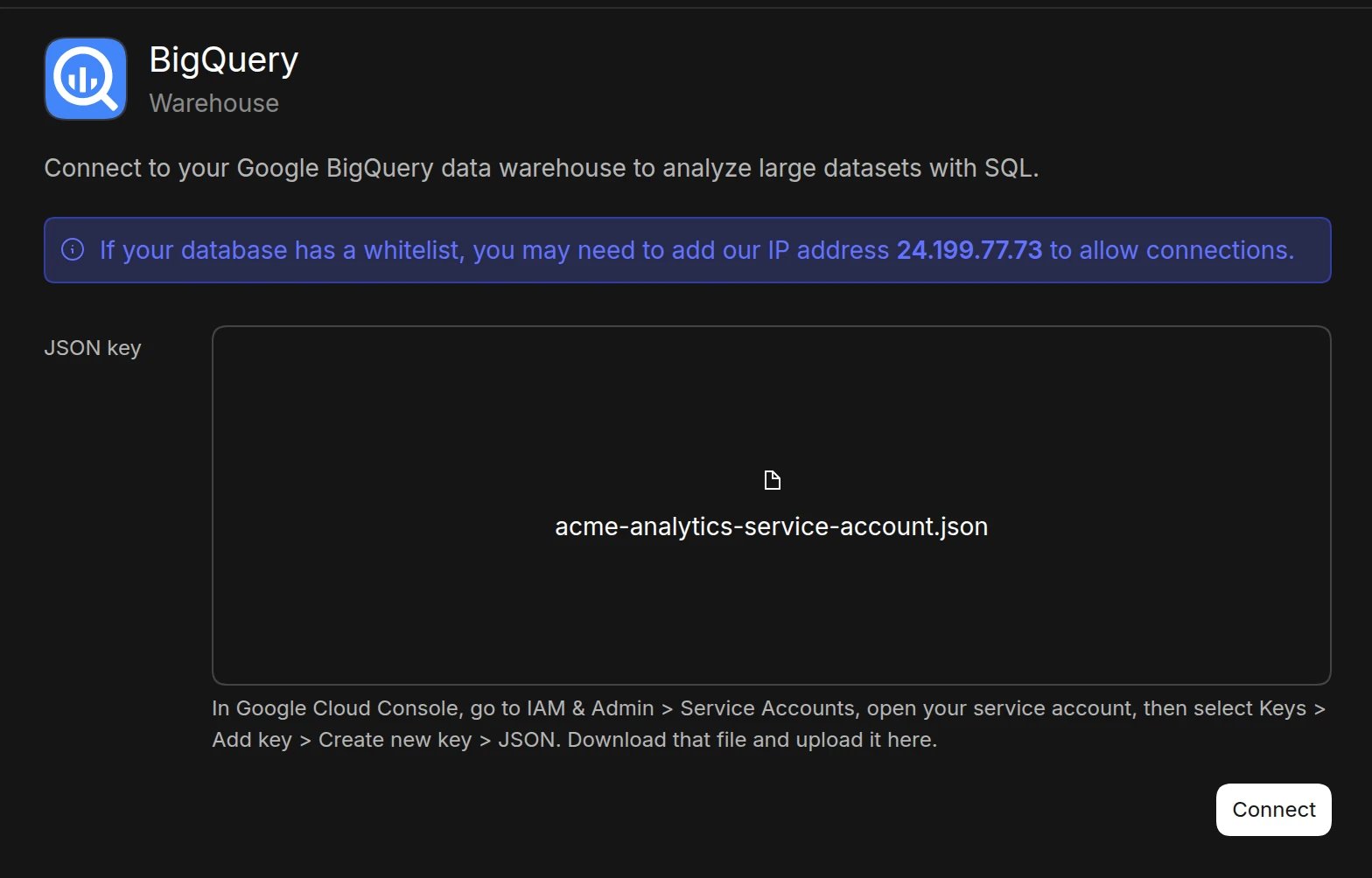 The BigQuery connection form in Basedash with a service account JSON key uploaded and instructions for creating the key in Google Cloud Console