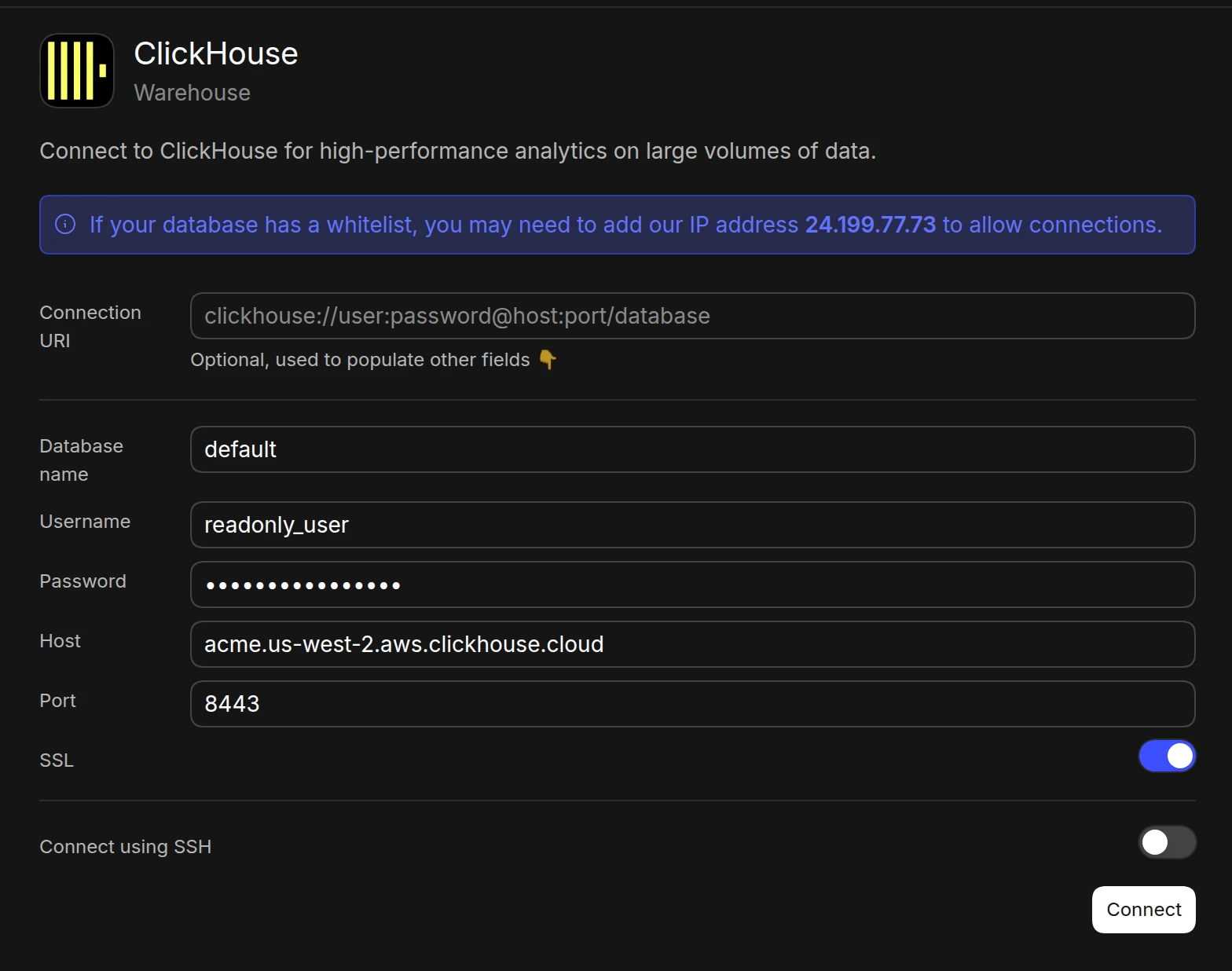 The ClickHouse connection form in Basedash with database name, username, password, a ClickHouse Cloud host, and port 8443 filled in and SSL turned on