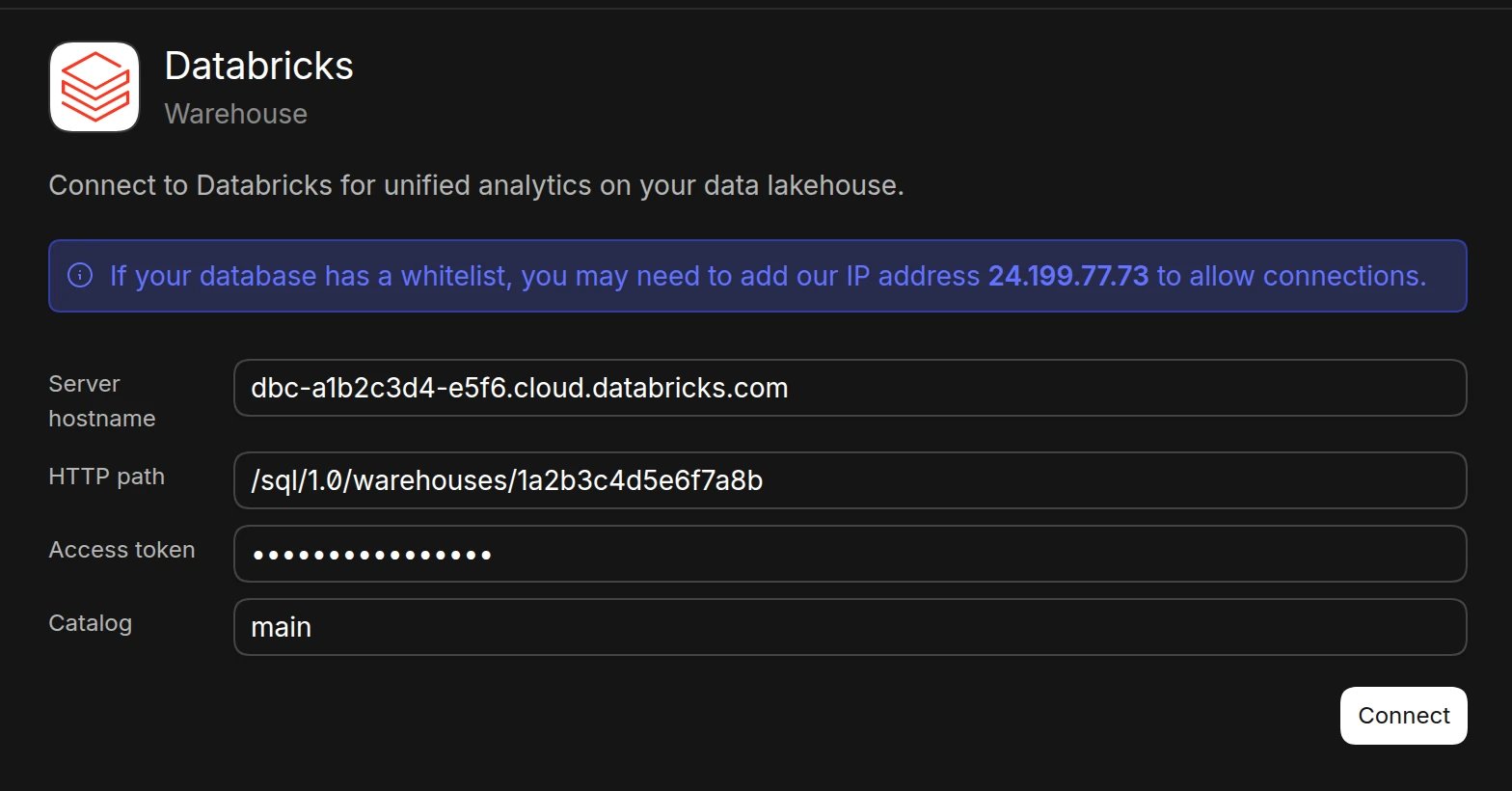 The Databricks connection form in Basedash with server hostname, HTTP path, access token, and catalog filled in