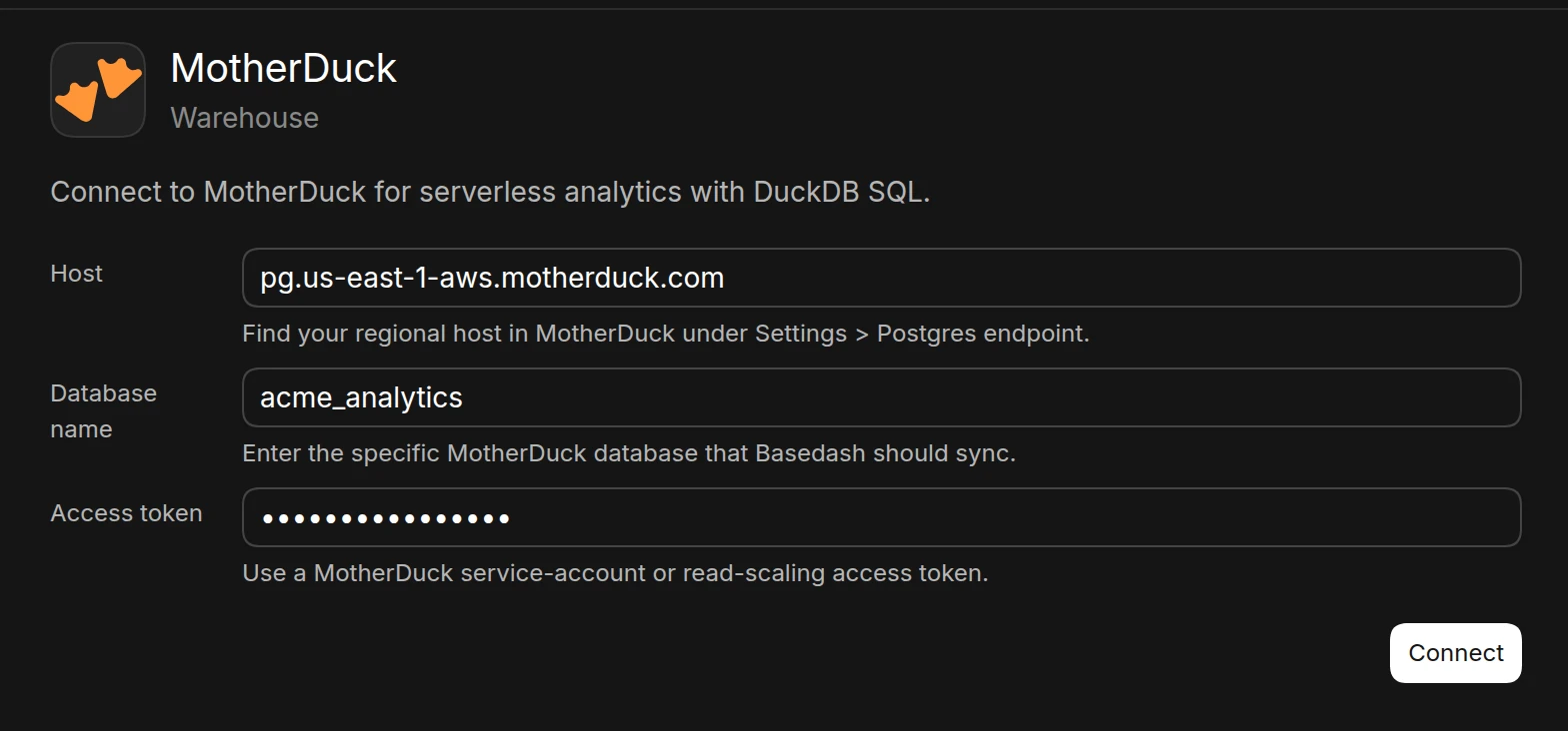 The MotherDuck connection form in Basedash with the MotherDuck Postgres endpoint host, database name, and access token filled in