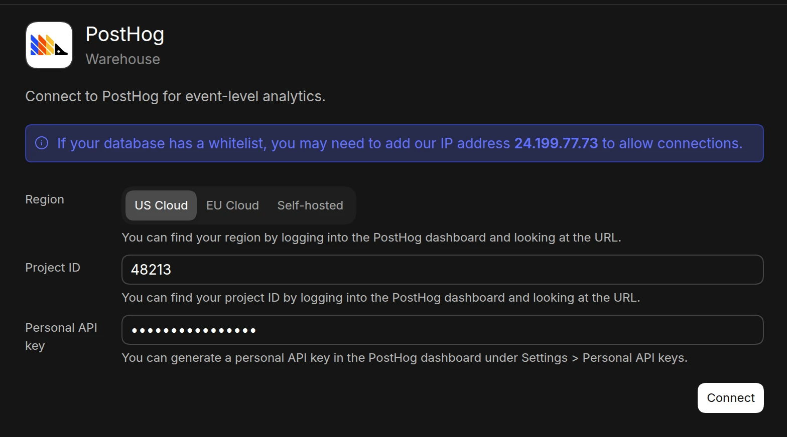 The PostHog connection form in Basedash with the US Cloud region selected and a project ID and personal API key filled in