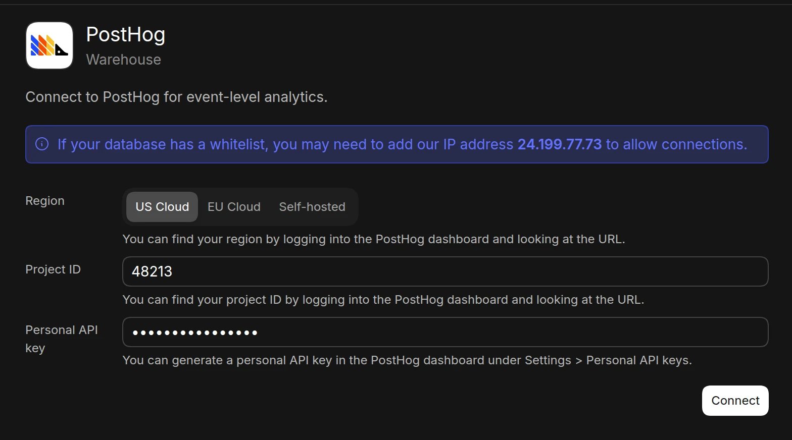 The PostHog connection form in Basedash with the US Cloud region selected and a project ID and personal API key filled in