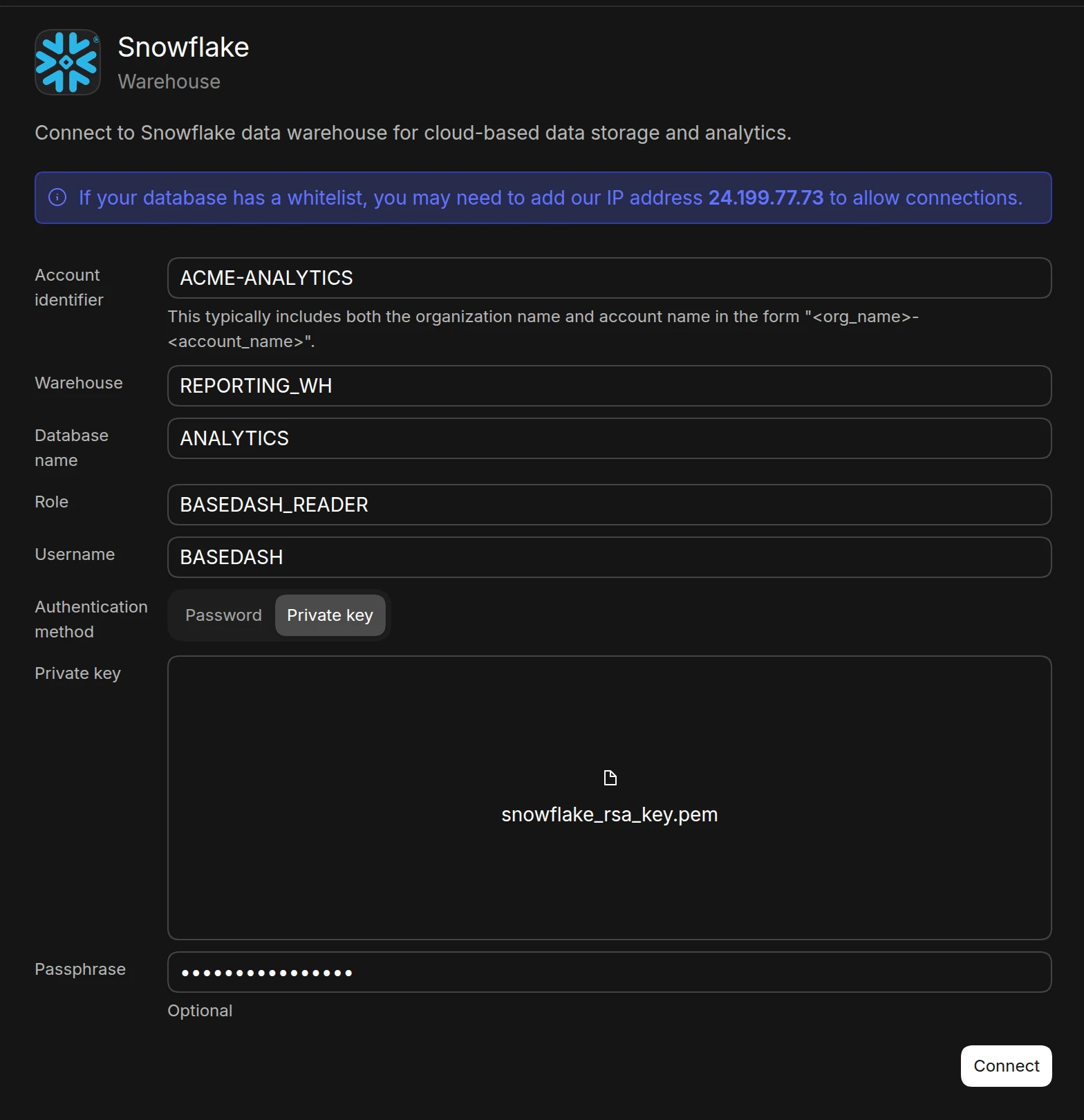 The Snowflake connection form in Basedash with account identifier, warehouse, database, role, and username filled in, Private key selected as the authentication method, and a private key file uploaded