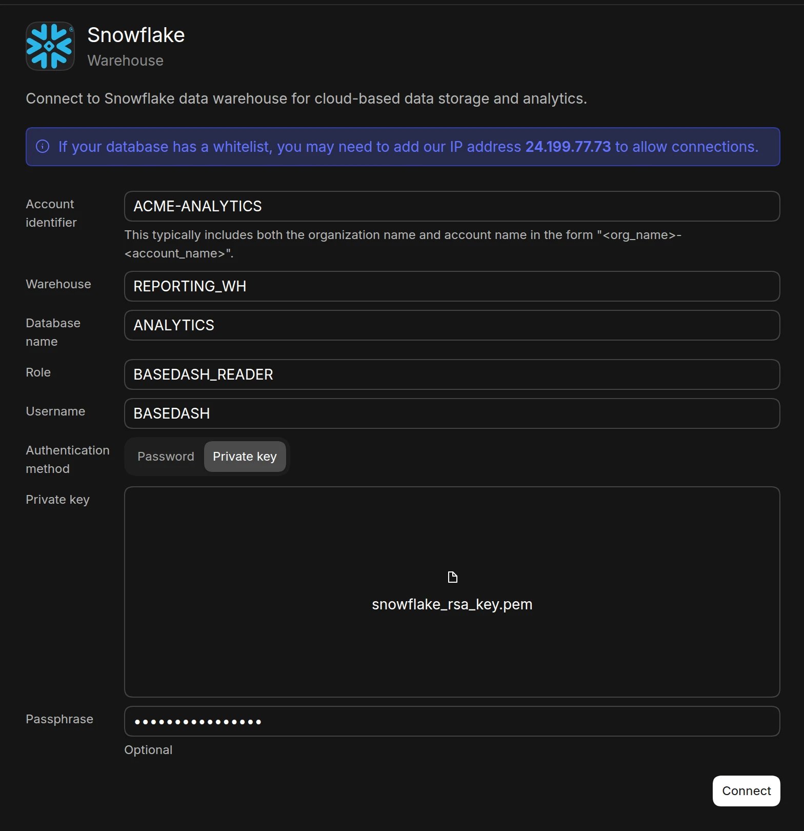 The Snowflake connection form in Basedash with account identifier, warehouse, database, role, and username filled in, Private key selected as the authentication method, and a private key file uploaded