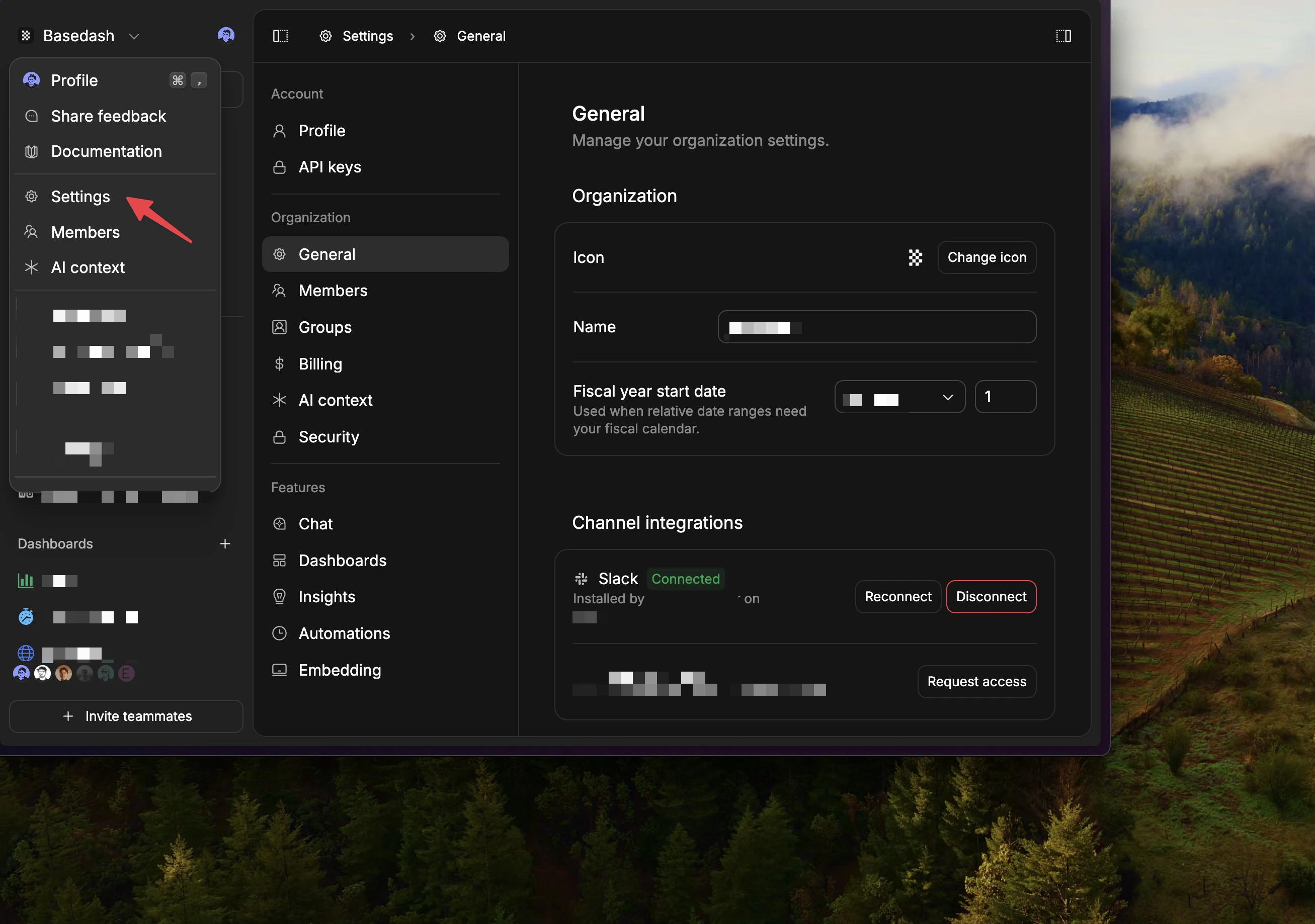 Organization settings showing members and administration options