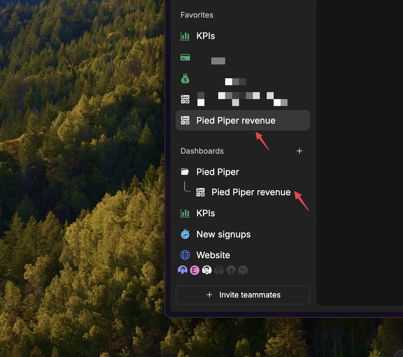 Dashboards sidebar with folders and drag-and-drop list