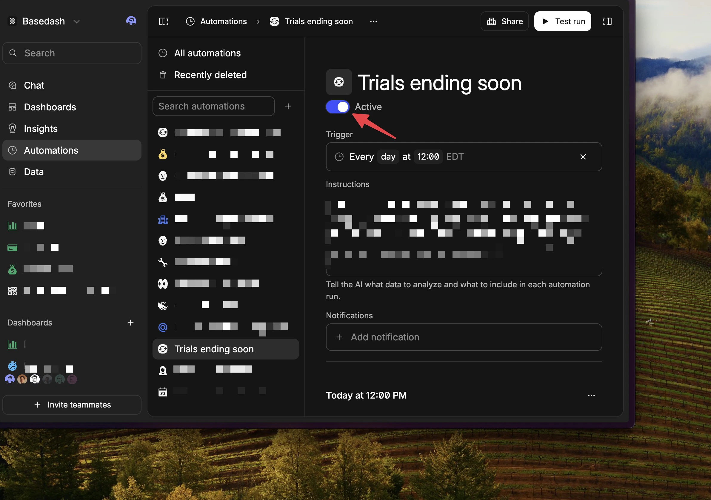 Automation detail showing an active toggle to turn the automation on or off