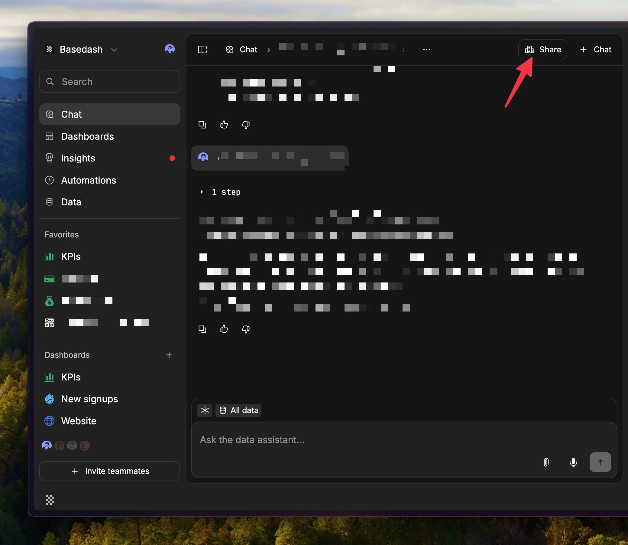 Chat sharing panel showing grant-based access for people and groups