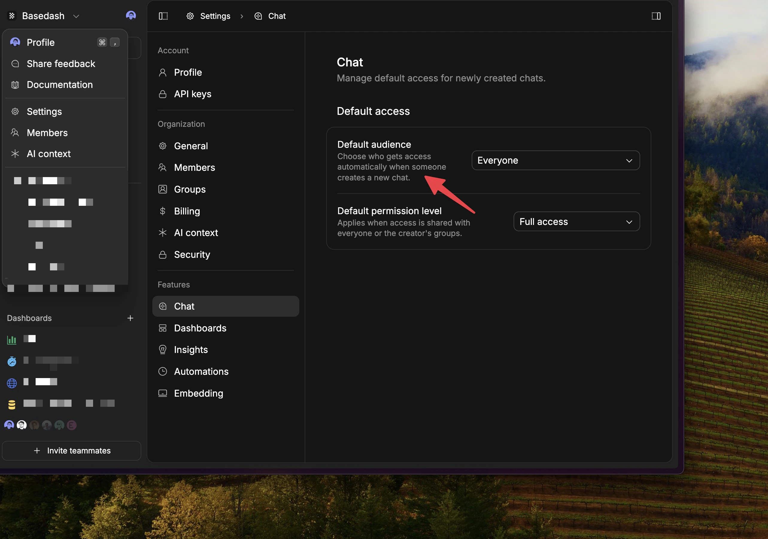 Default dashboard access settings showing audience and permission level options