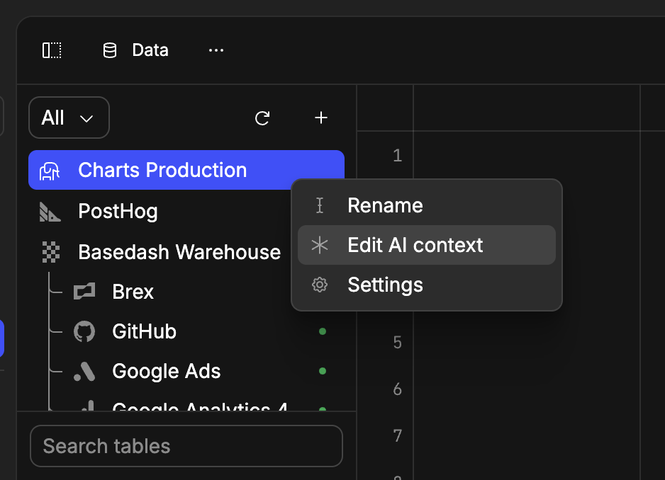 Data page with edit AI context option
