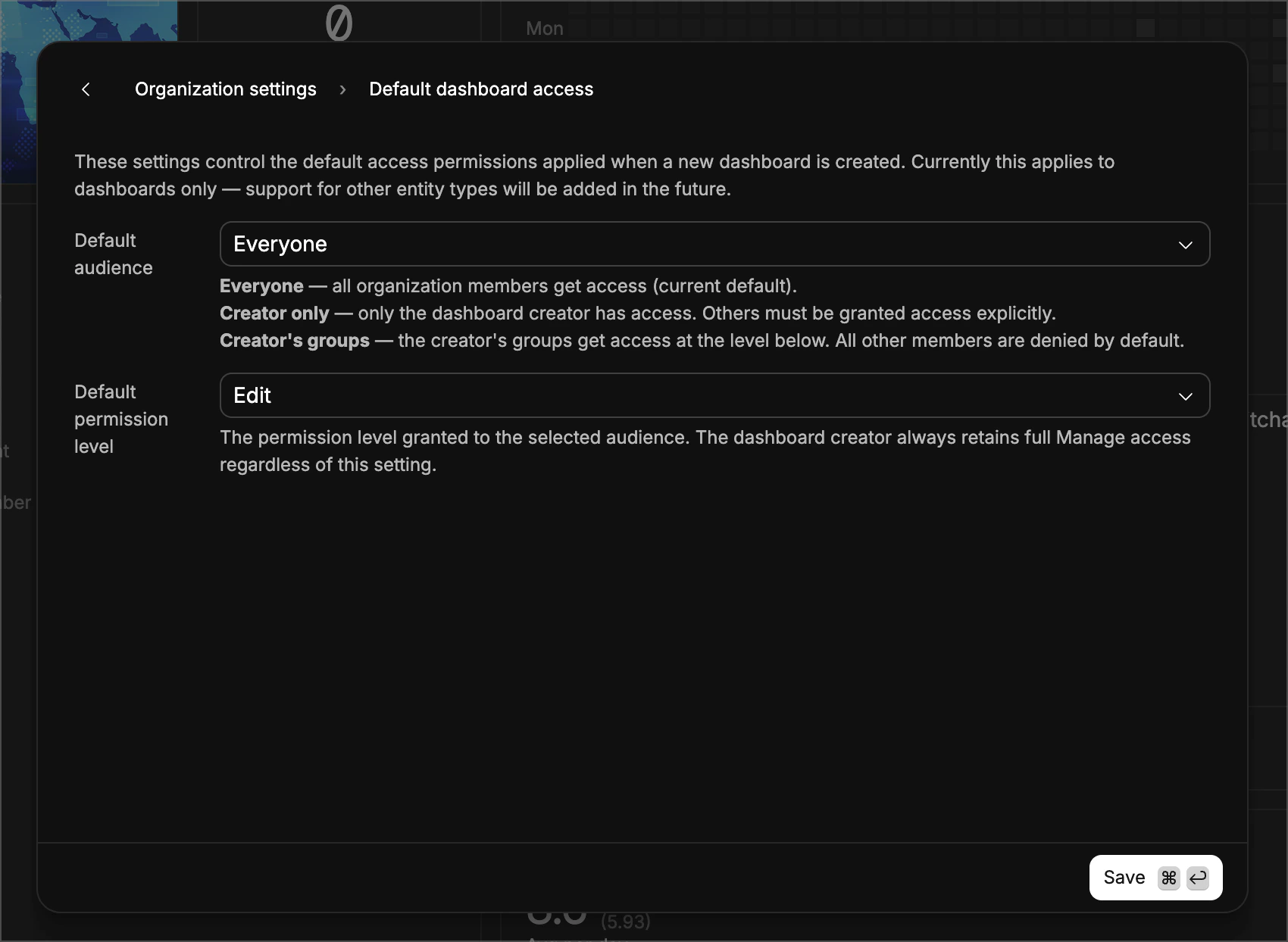 Default dashboard access settings