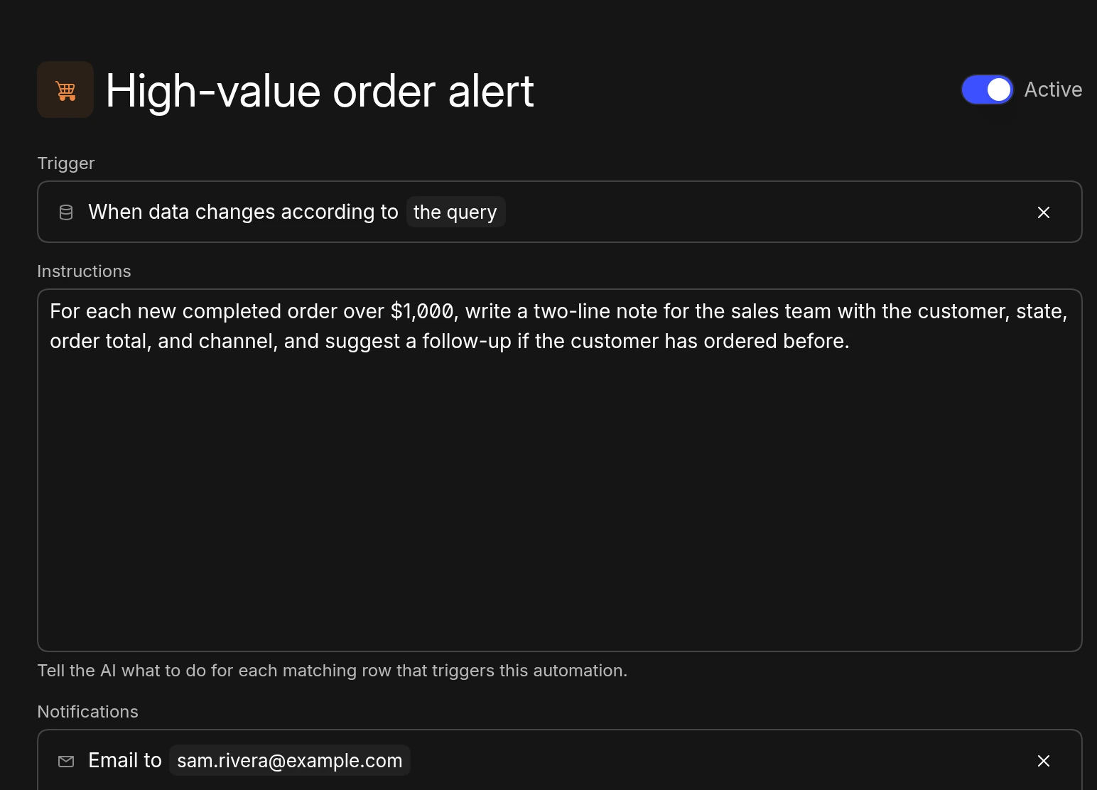 An automation triggered when data changes according to a query, with instructions for a high-value order alert and an email notification to Sam Rivera